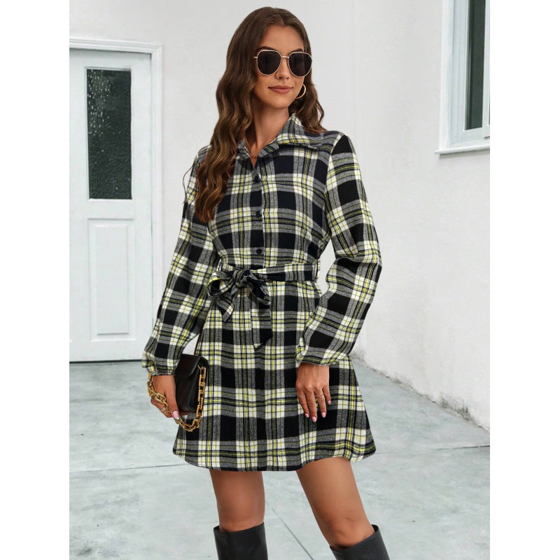 Versatile Women's Lantern Sleeve Plaid Shirt Dress
