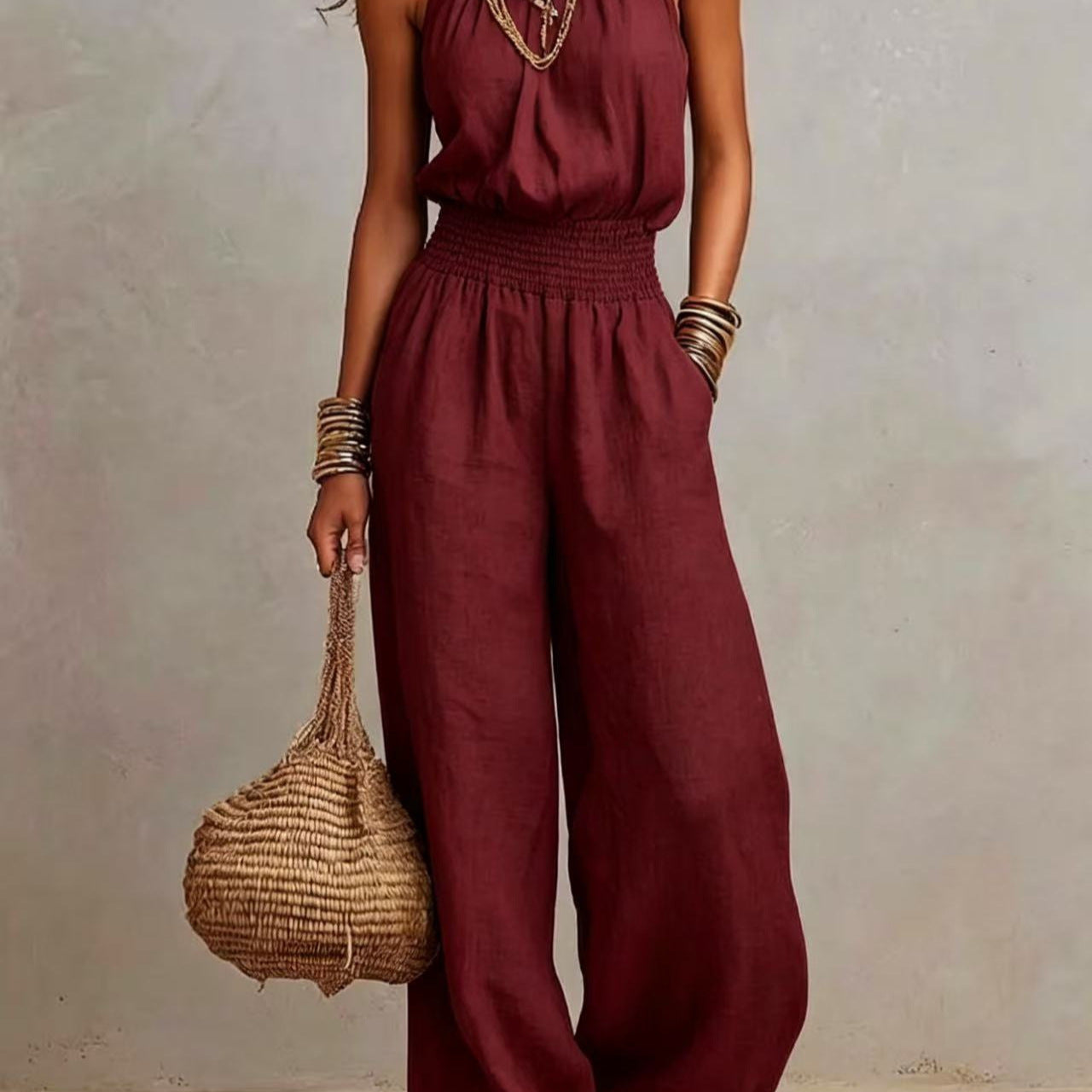 Durable Trendy Women's Sleeveless Linen Backless Women's Jumpsuit/clothing