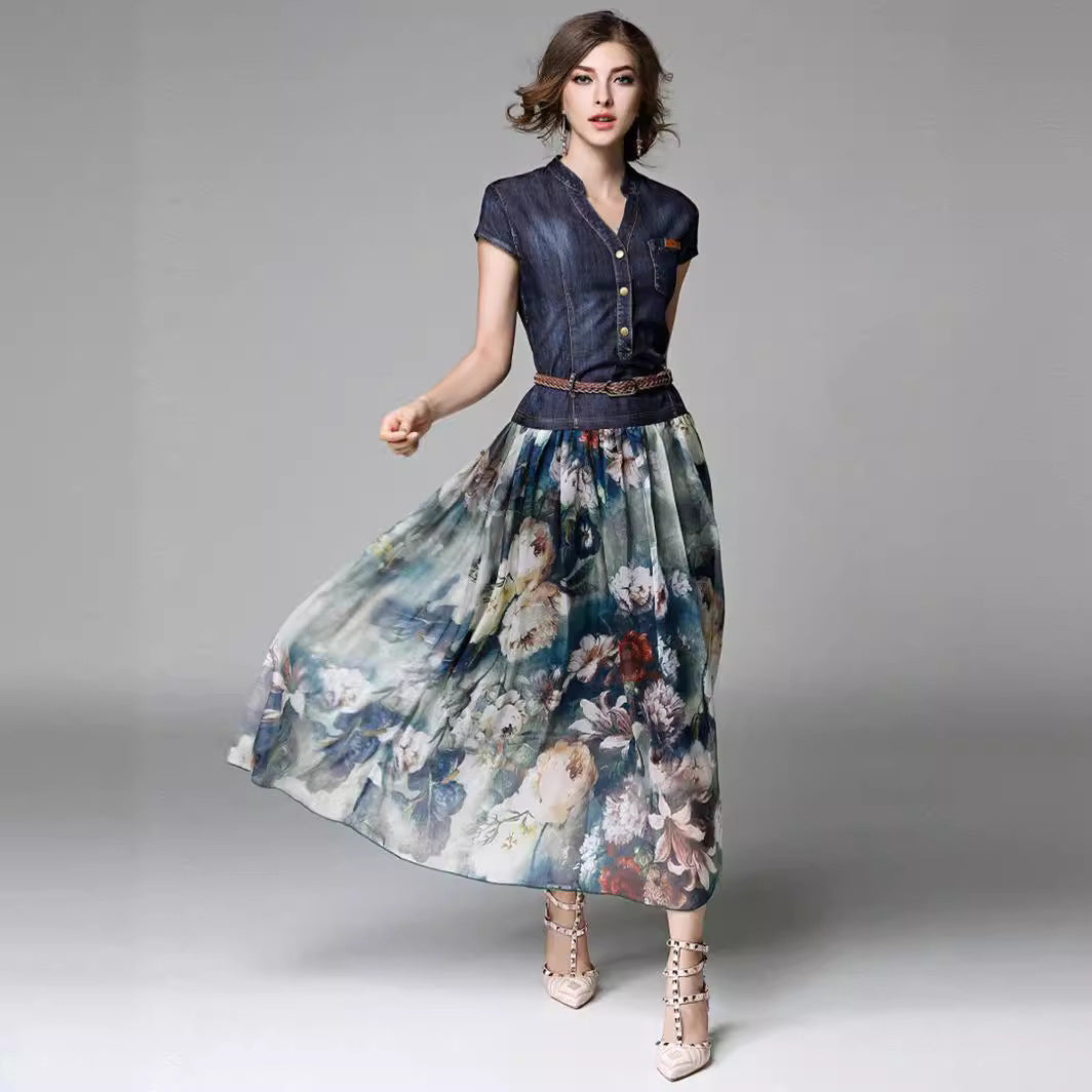 Women's Denim Printed Dress Summer Slim Fit Dresses