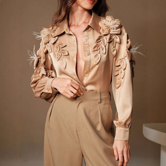 Women's Leisure Three-dimensional Flower Feather Long-sleeved Shirt Blouses