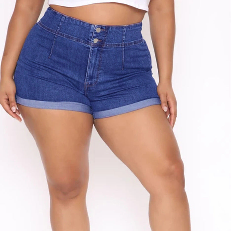 Women's Spring Temperament Commute Normal Blue Color Cotton High Waist Wash Shorts