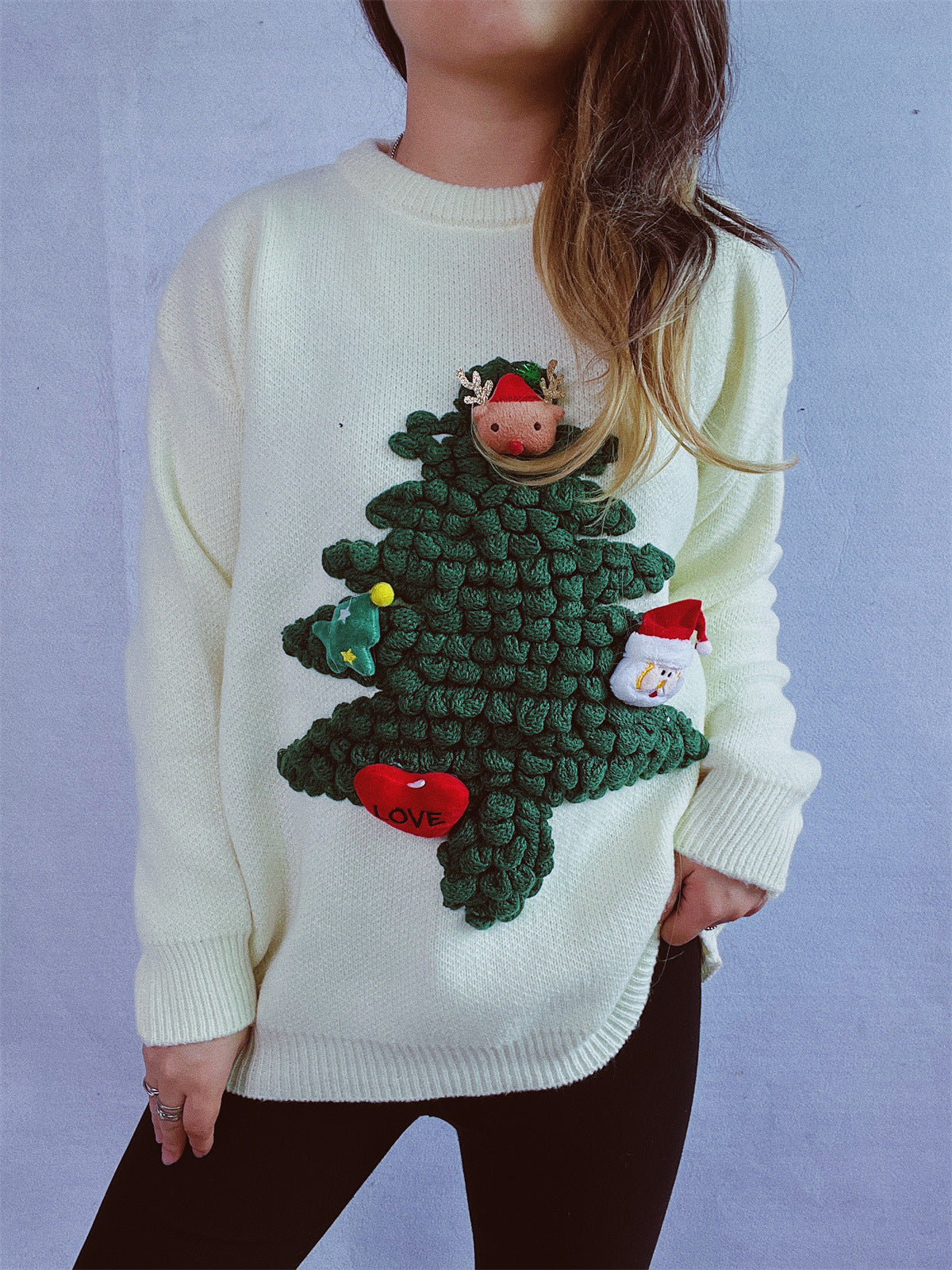 Women's American Three-dimensional Flocking Christmas Tree Red Sweaters