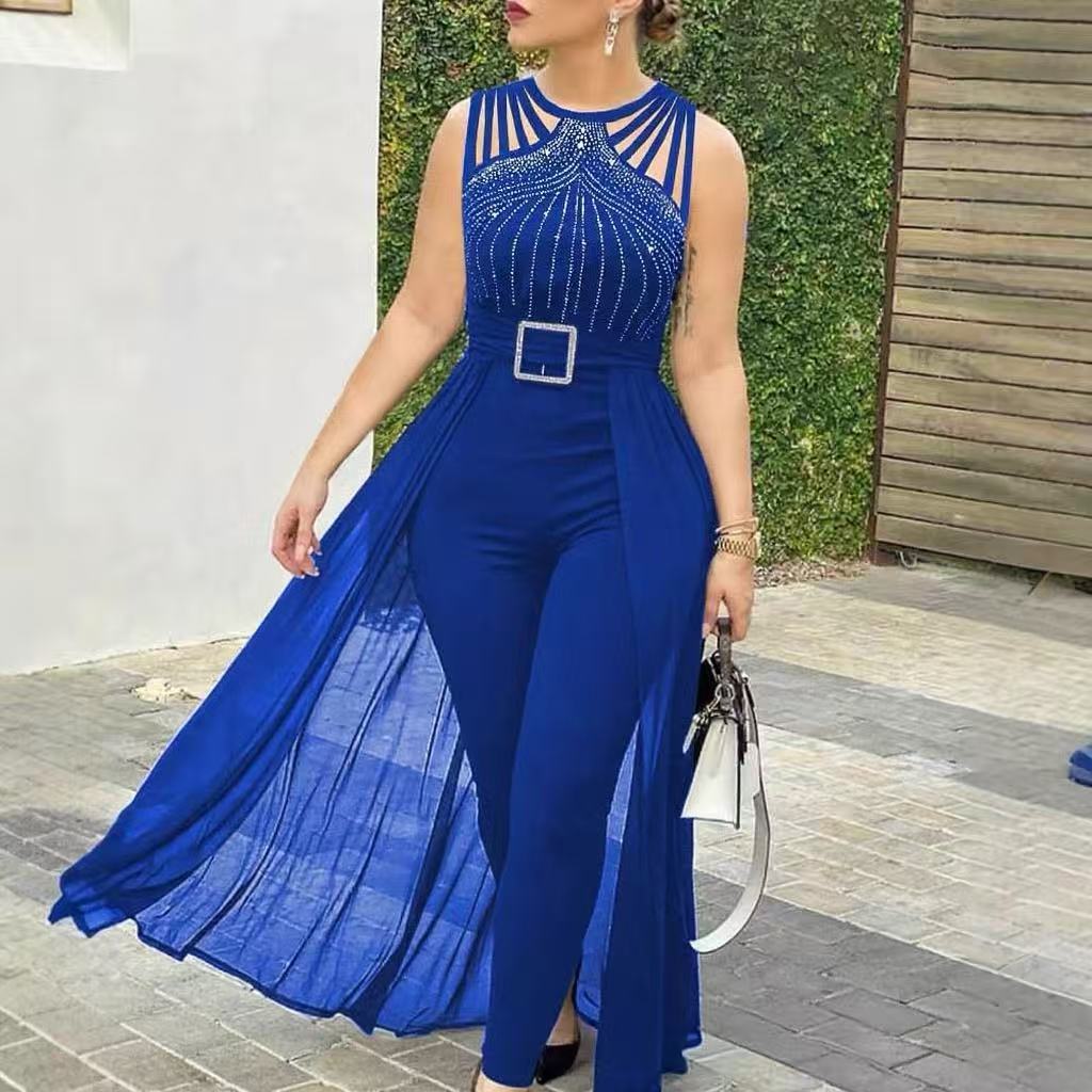 Black Sleeveless Strap Rhinestone Design Cinched Jumpsuits