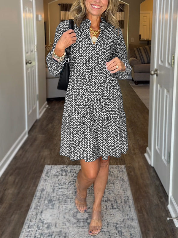 Collar Sleeve Digital Printing Diamond Pattern Dress