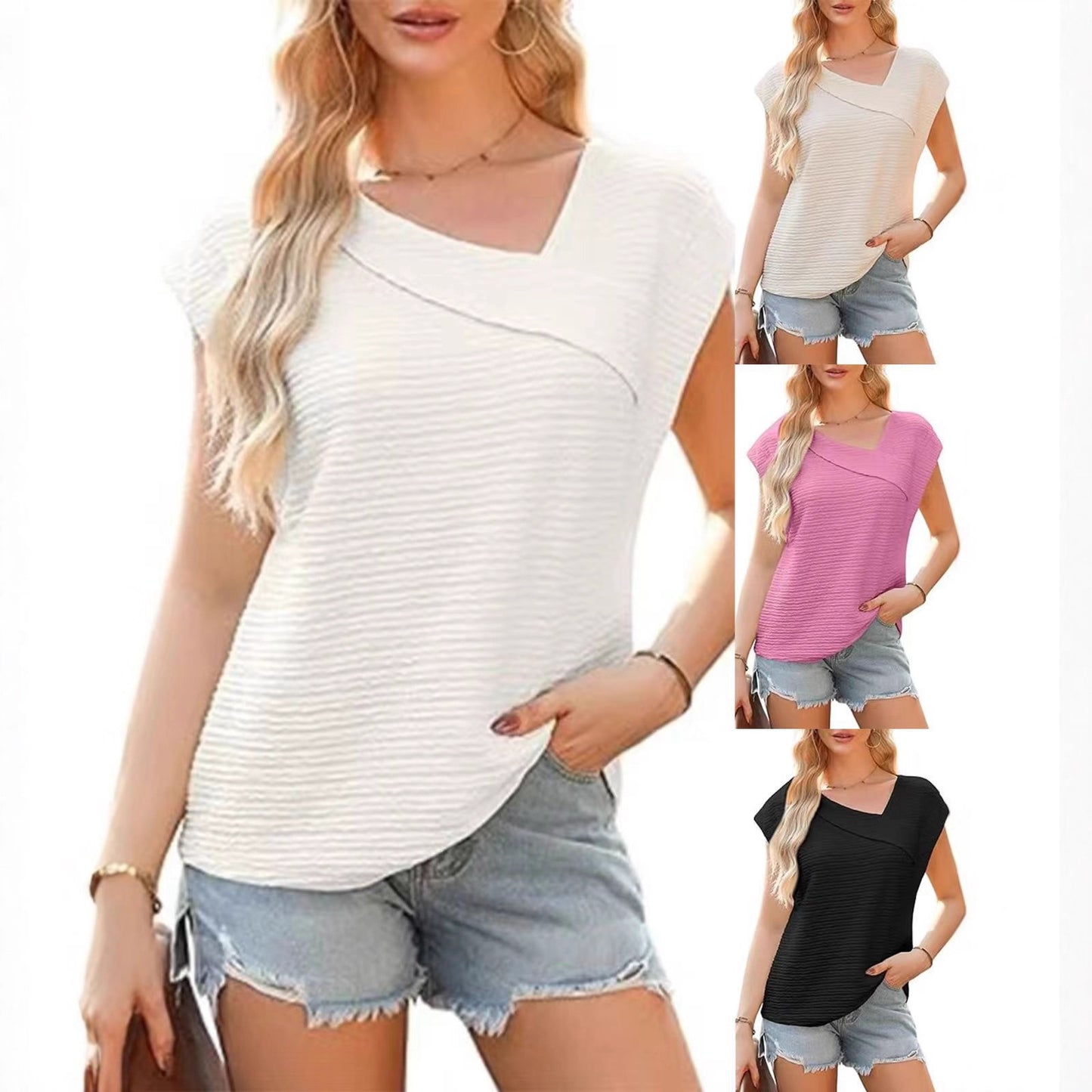 Women's Summer Diagonal Collar Fashion Casual Sleeve Women's T-shirt