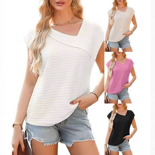 Women's Summer Diagonal Collar Fashion Casual Sleeve Women's T-shirt