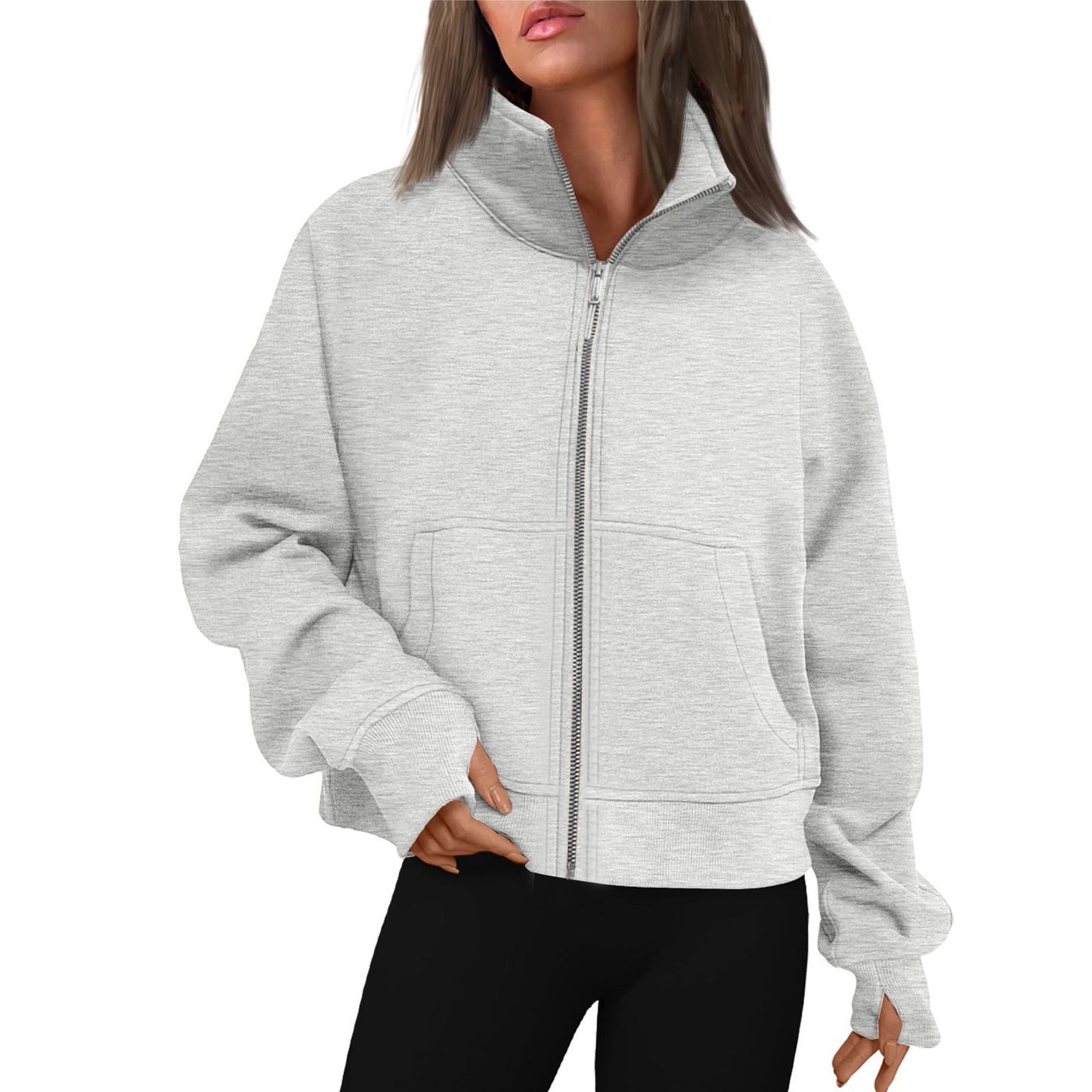 Women's Long Zipper Stand Collar Thumb Hole Brushed Women's Sweater, Sweater