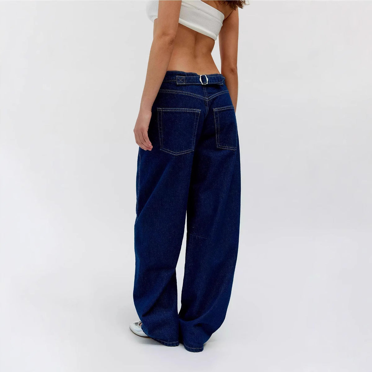 Women's Retro Washed Blue Low Waist Slimming Loose Jeans