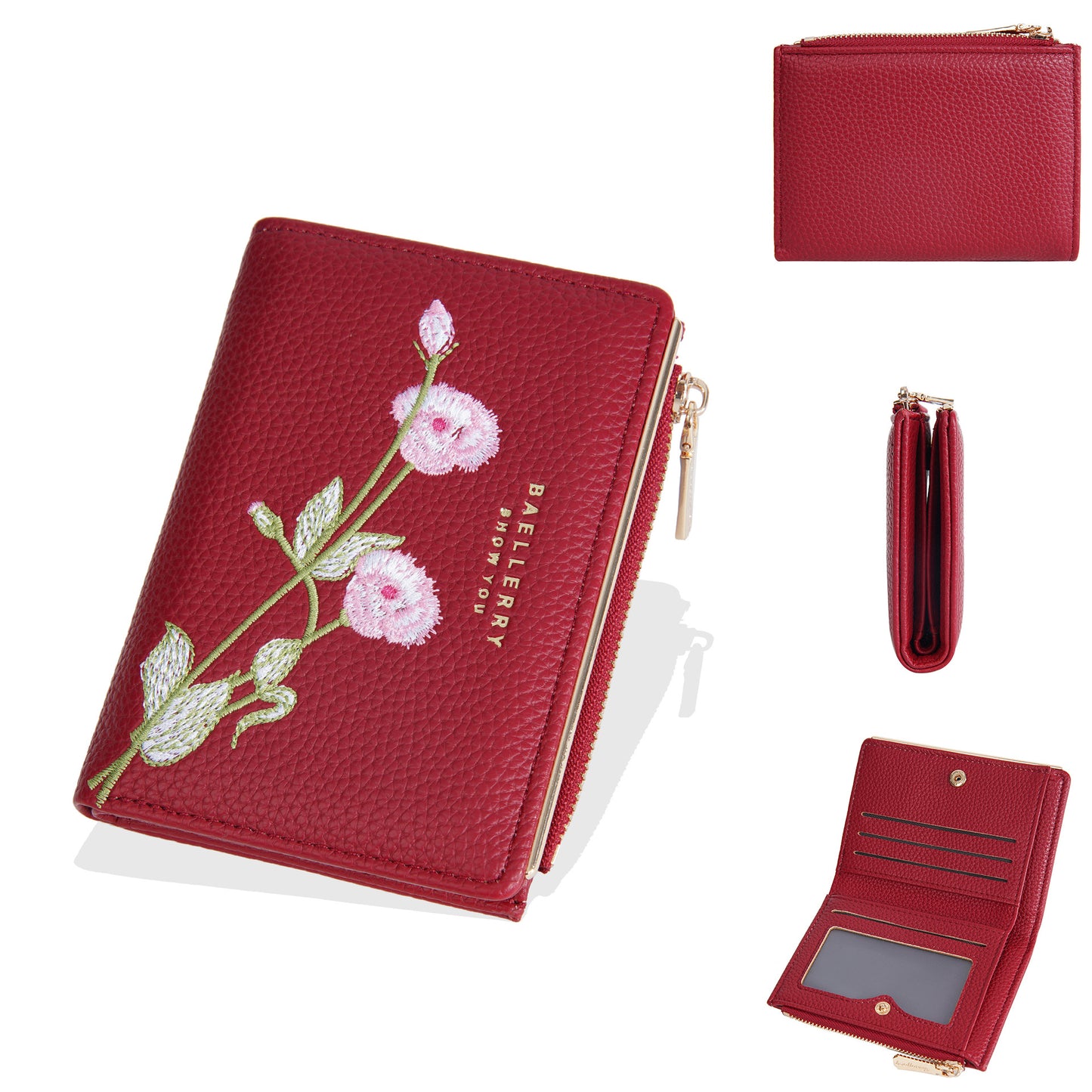 Women's Short Fashion Embroidery Litchi Pattern Flower Ladies Wallets