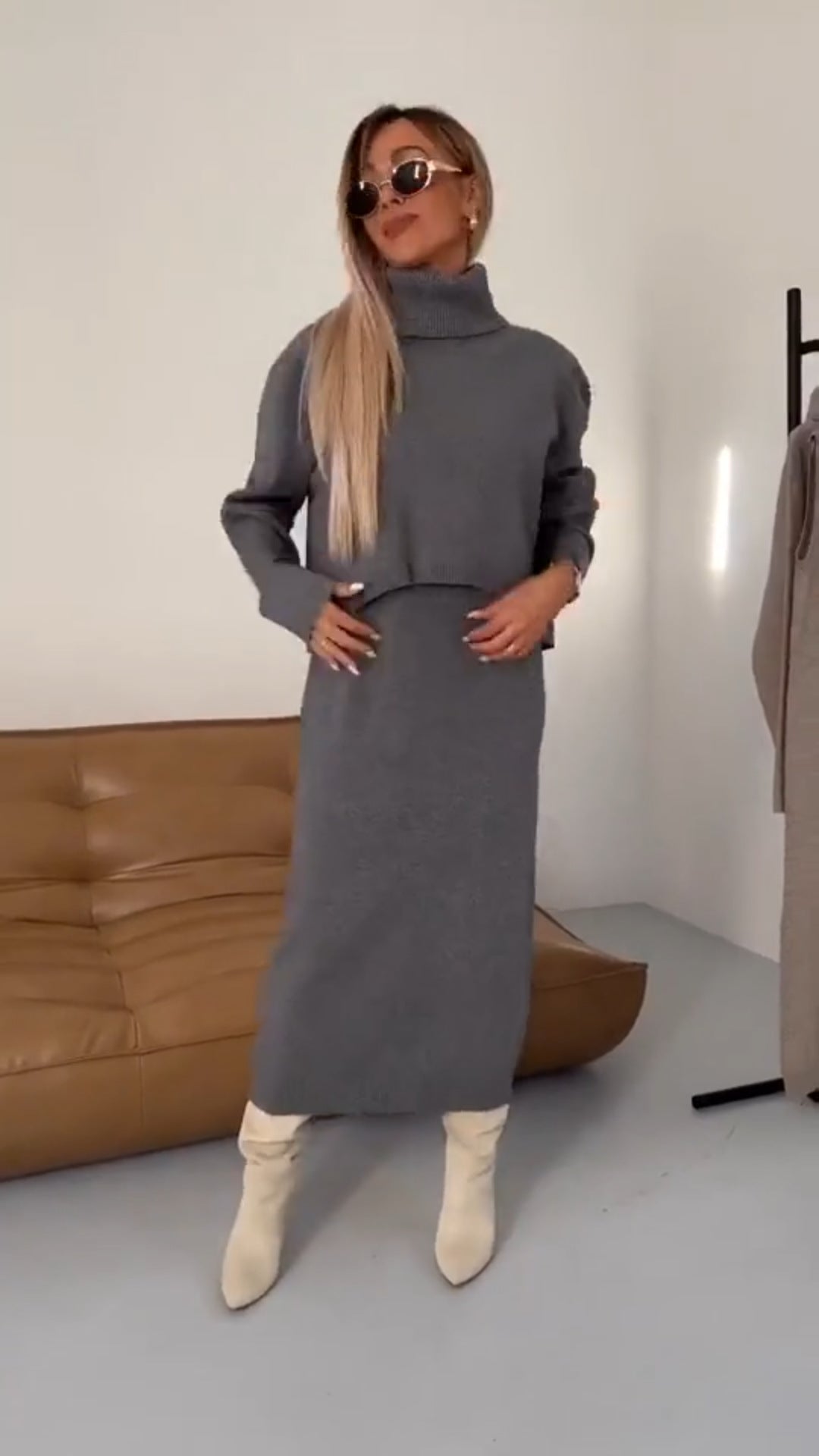 Dress Turtleneck Lengthened Two-piece Solid Color Dresses