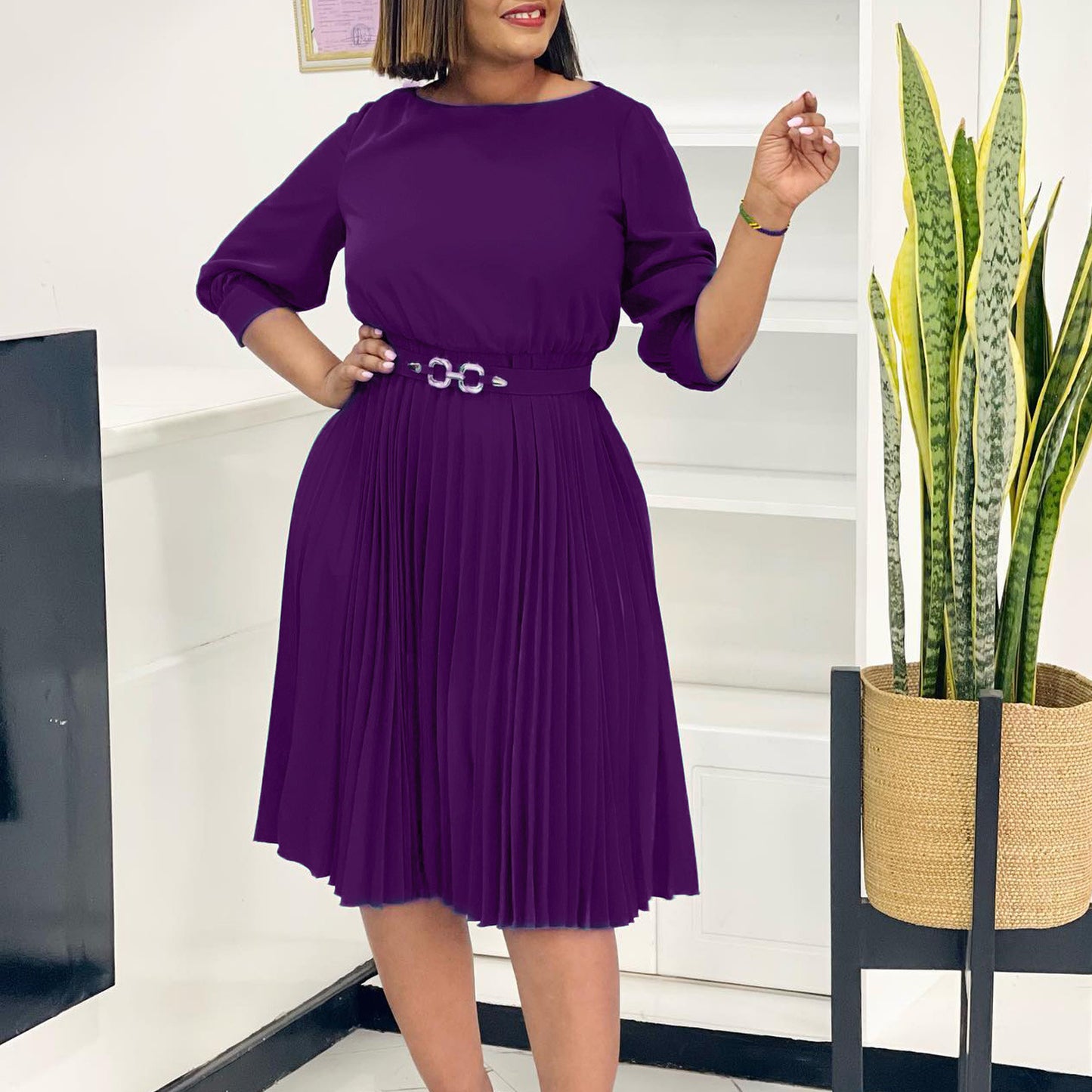 Women's Graceful Fashionable Elegant Round Neck Sleeves Pleated Dress