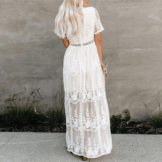 Women's Lace Long Sleeve Solid Color Chiffon Dresses