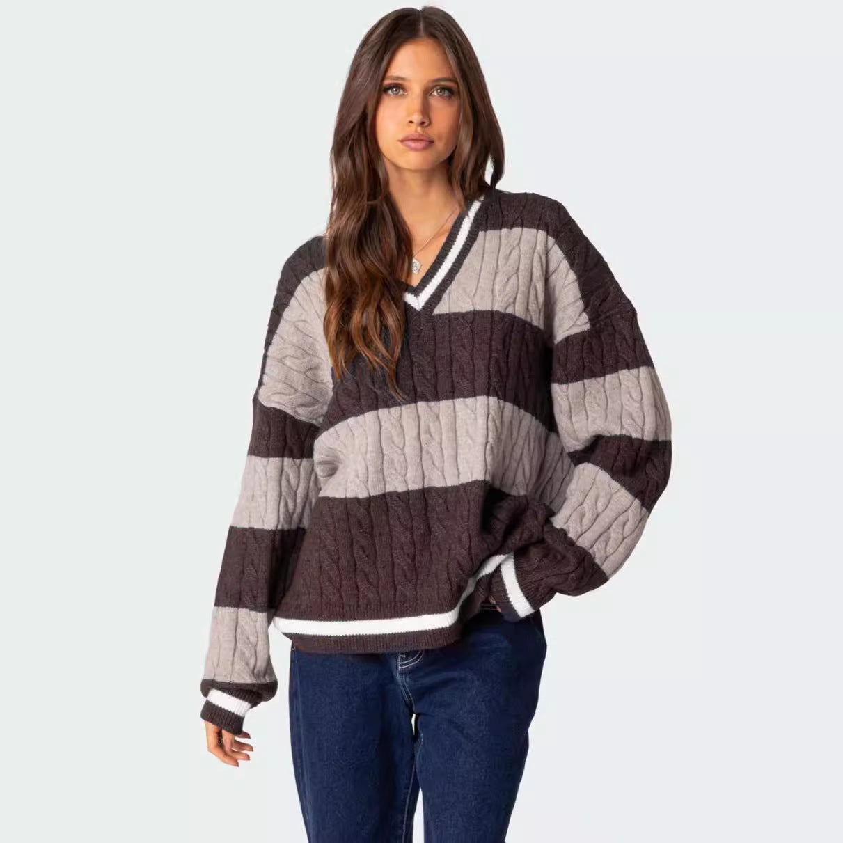 Women's Striped Contrast Color Loose Long Sleeve Sweaters
