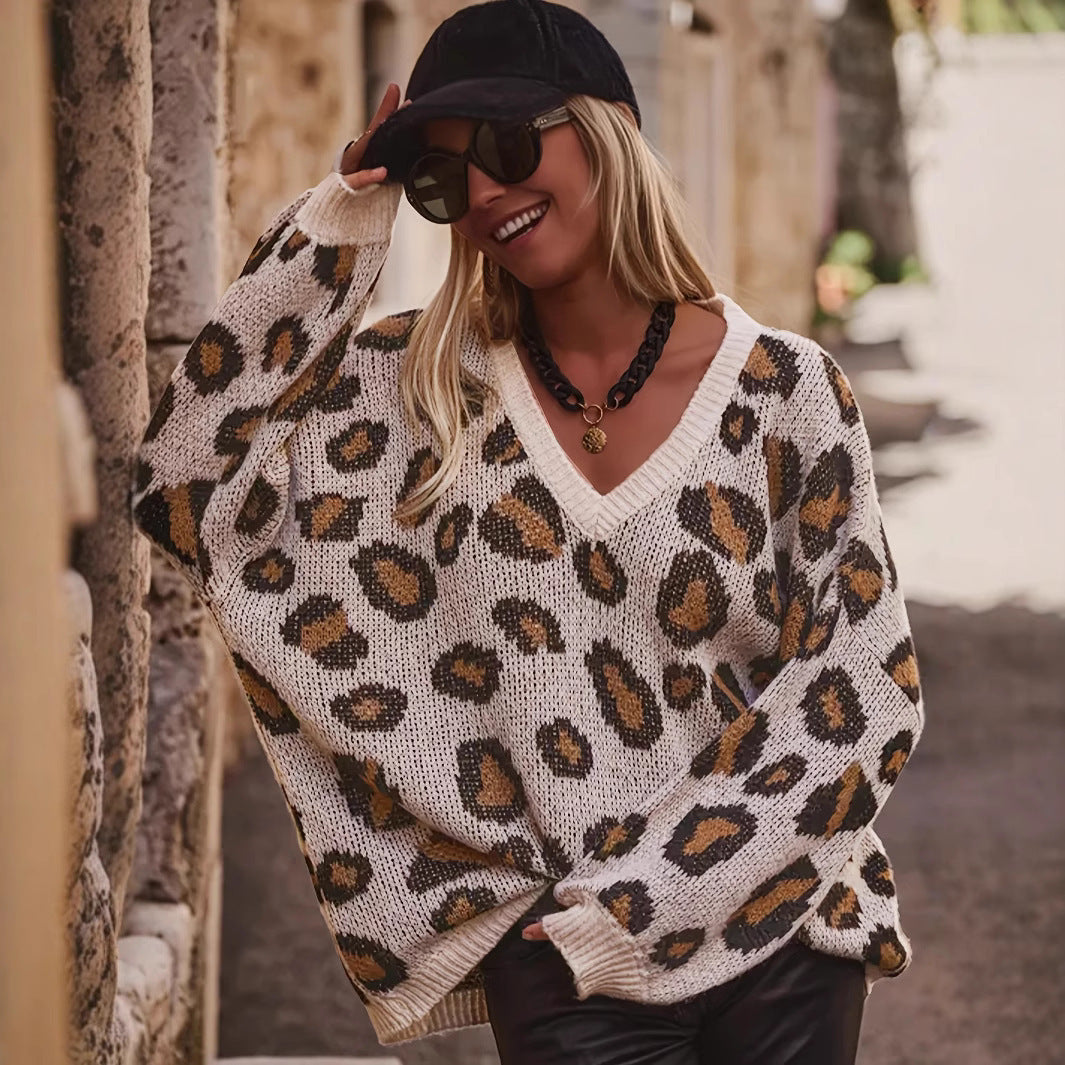 Women's Loose Pullover Coffee Color Leopard Point Sweaters