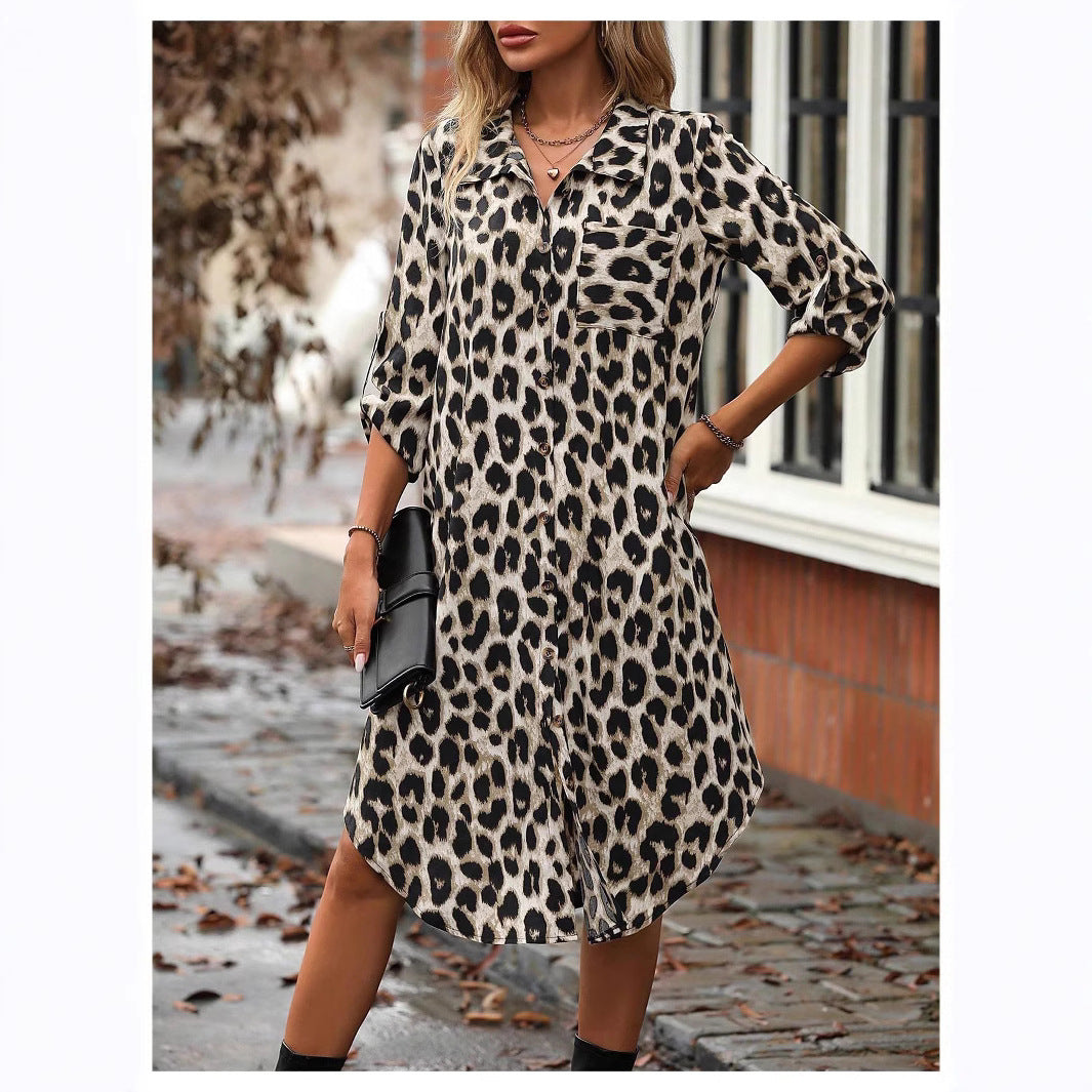 Women's Leopard Print Sleeve Shirt Woven Loose Fashion Dress