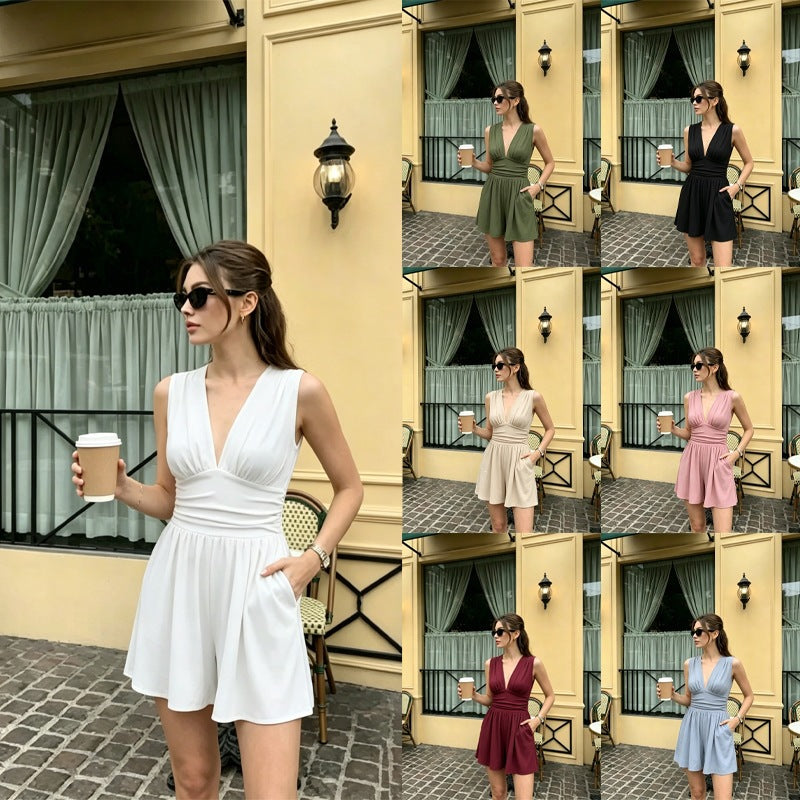 Women's Casual Deep V Stretch Sleeveless Summer Tight Waist Jumpsuits