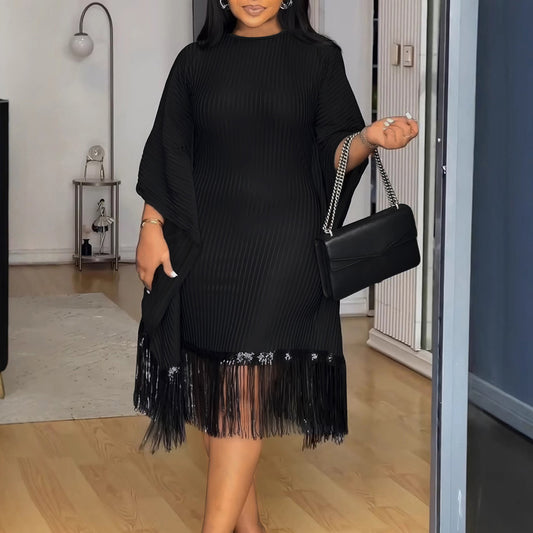 Women's Mid-length Fashionable Elegant Stitching Tassel Dress Plus Size