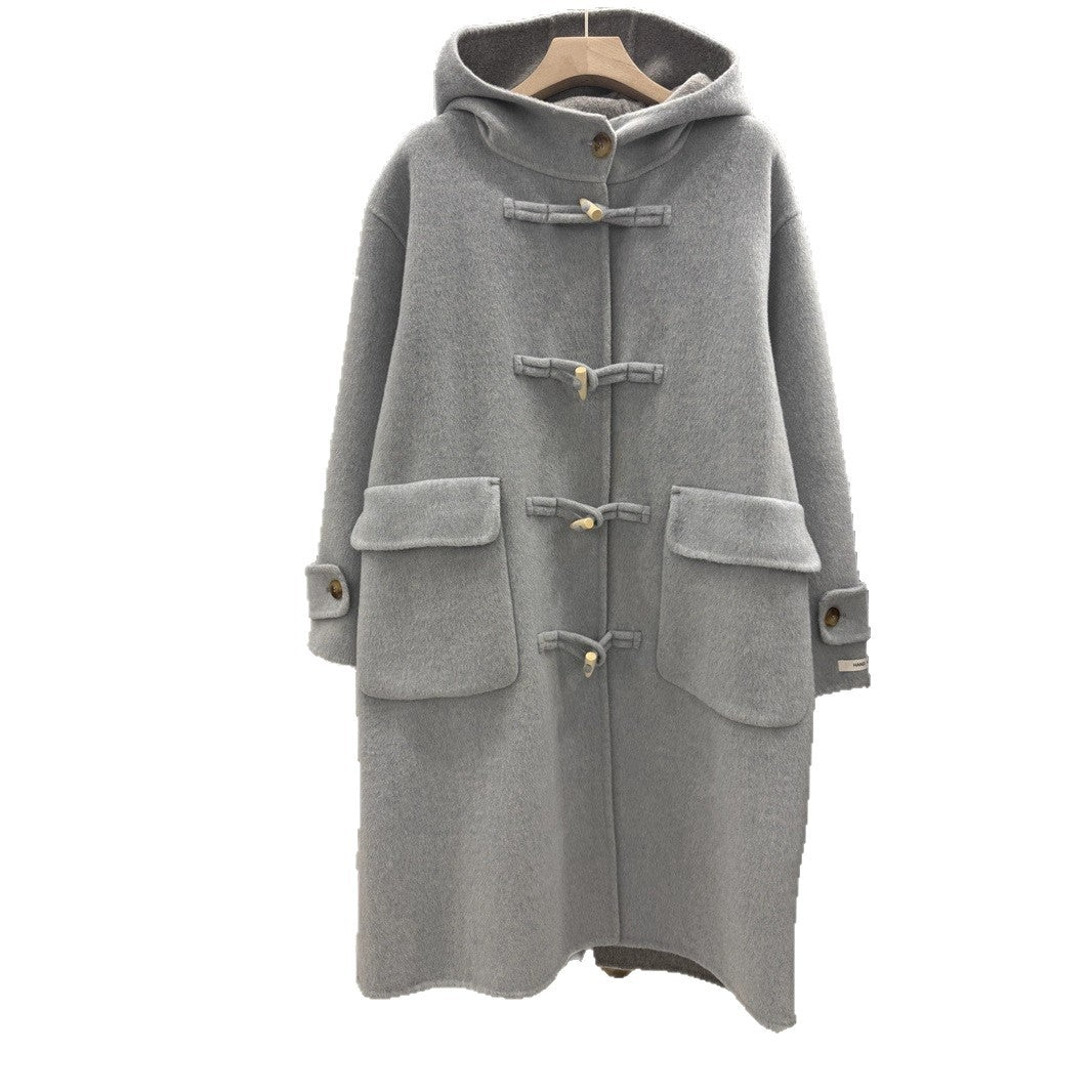 Women's Button Double-sided Wool Overcoat Loose Hooded Alpaca Coats