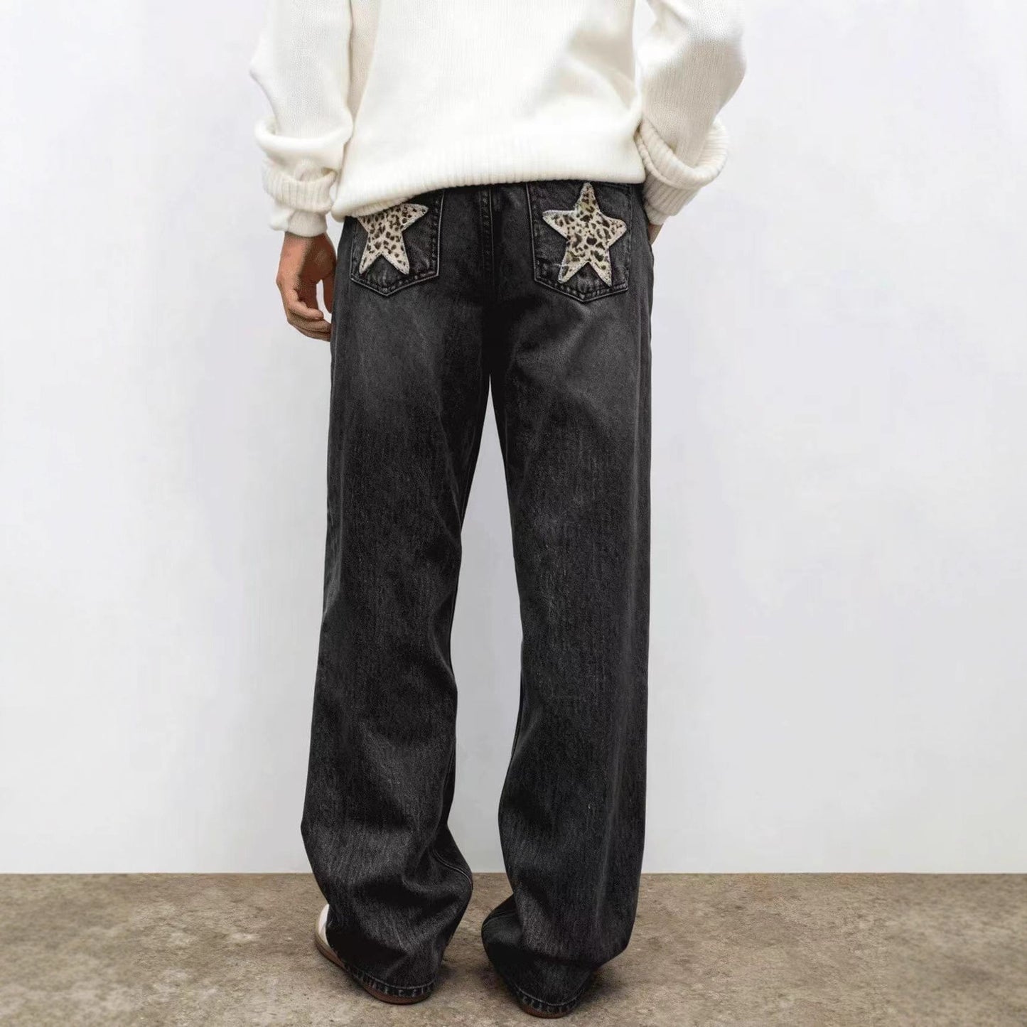 Women's Fashion Leopard Print Pocket Design Women's Jeans