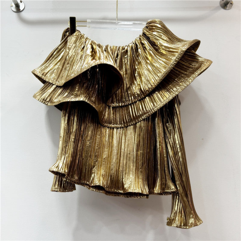 Women's French Style Fashion Shiny Surface Pleated Blouses