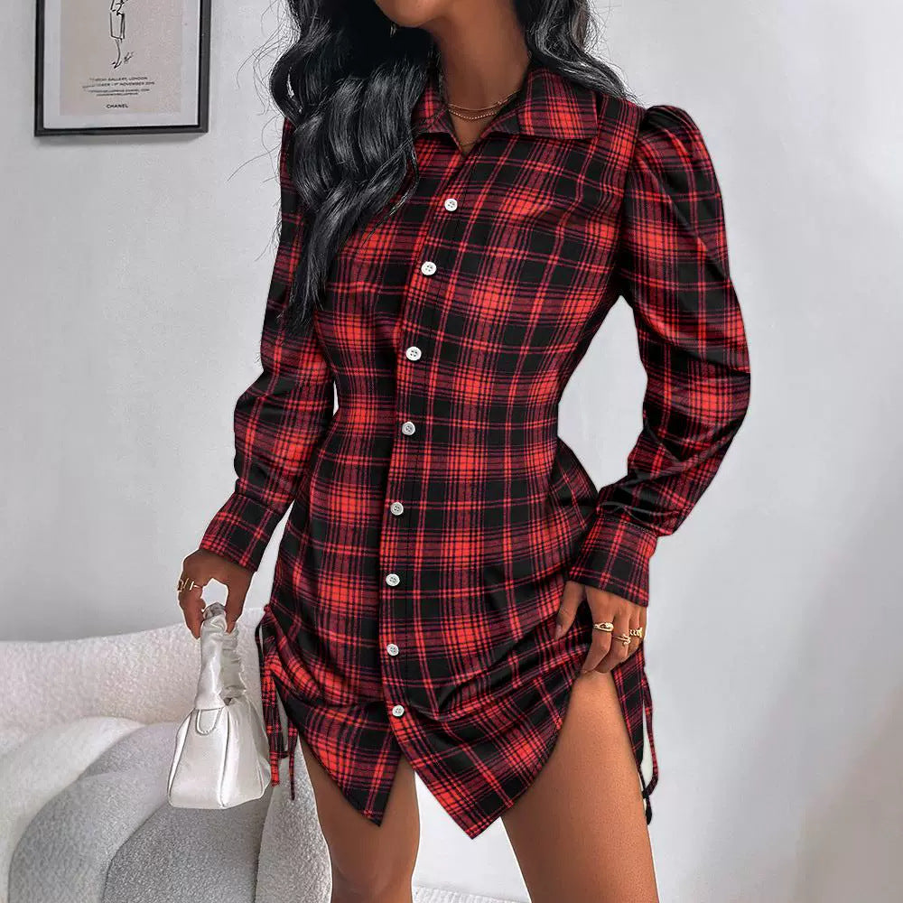 Fashion Brushed Plaid Long Sleeve Shirt Skirts