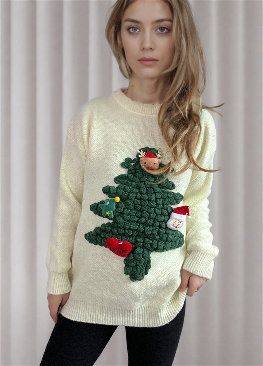 Women's Three-dimensional Flocking Christmas Tree Red Loose Sweaters