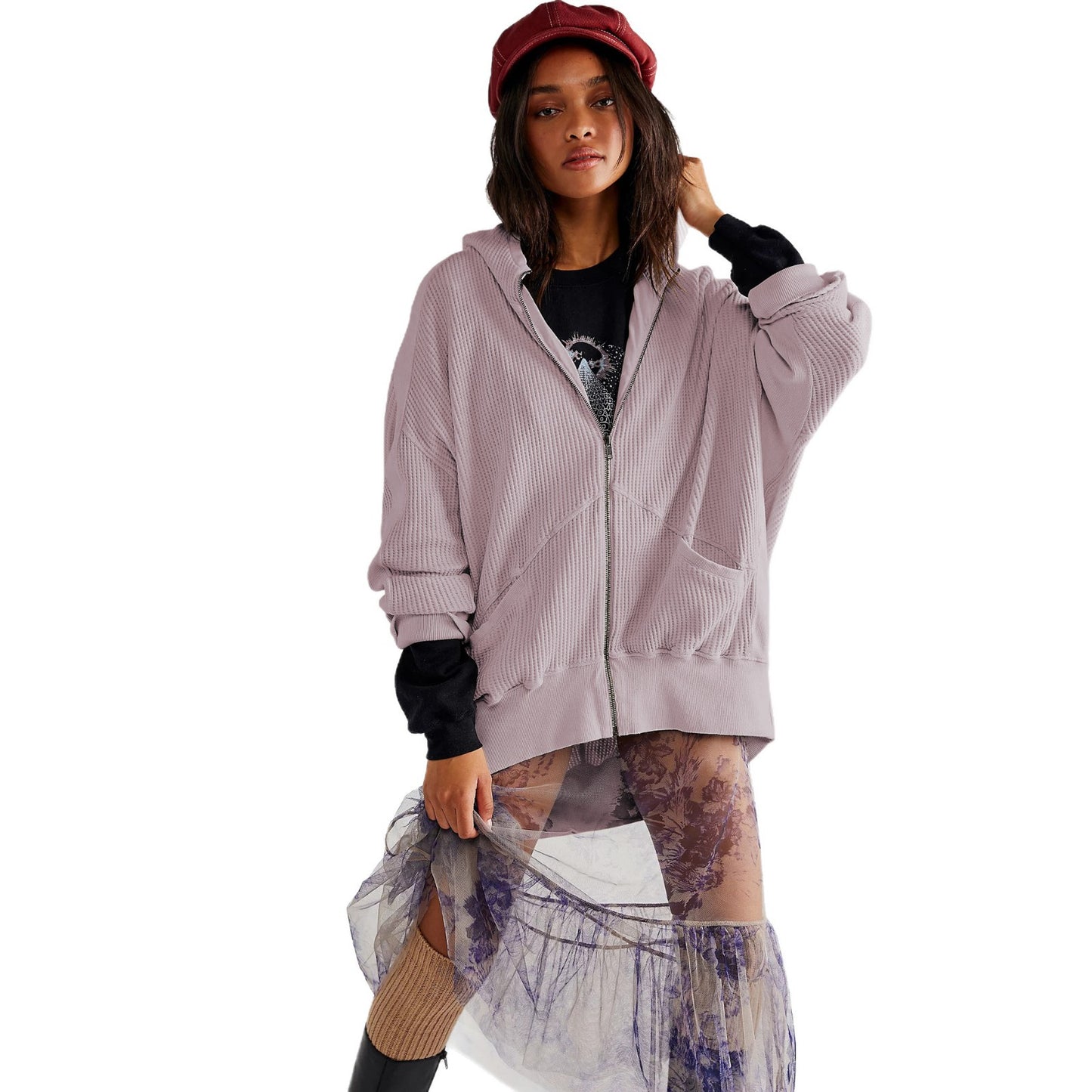 Women's Waffle Zipper Idle Style Loose Wear Cardigans