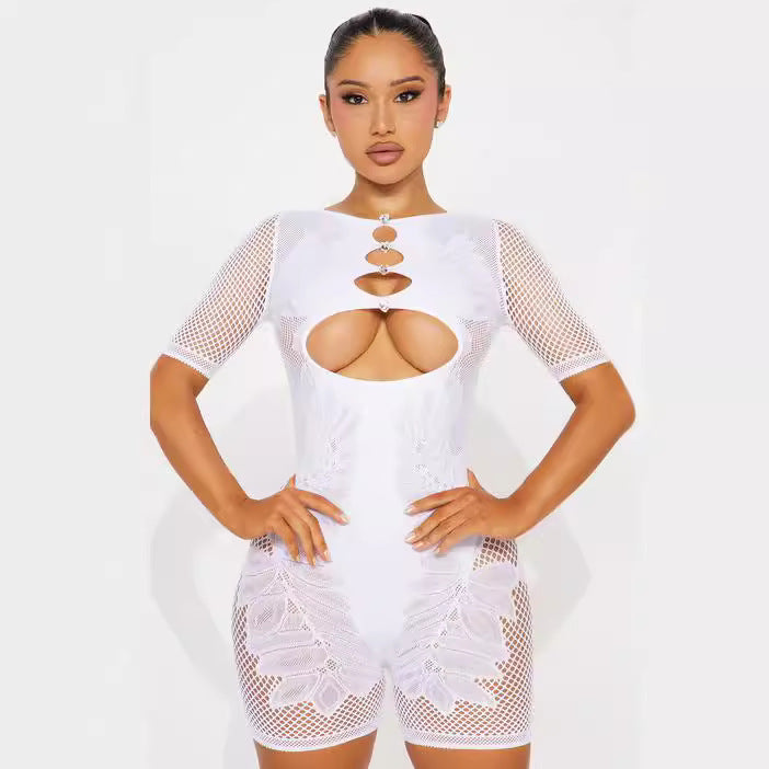 Women's Knitted Sexy With Diamonds Pure White Sleeve Hollowed Jumpsuits