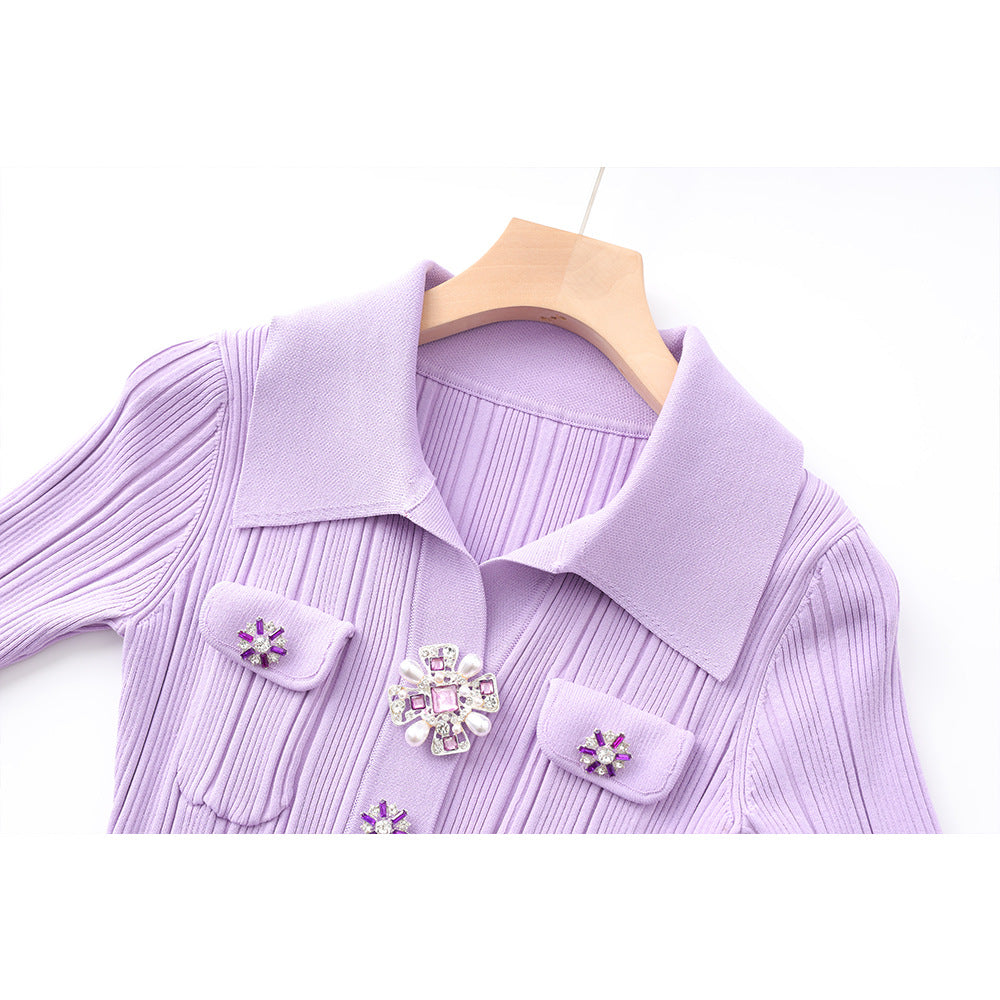 High Quality Purple Collar Drill Buckle Slim Fit Slimming Dresses