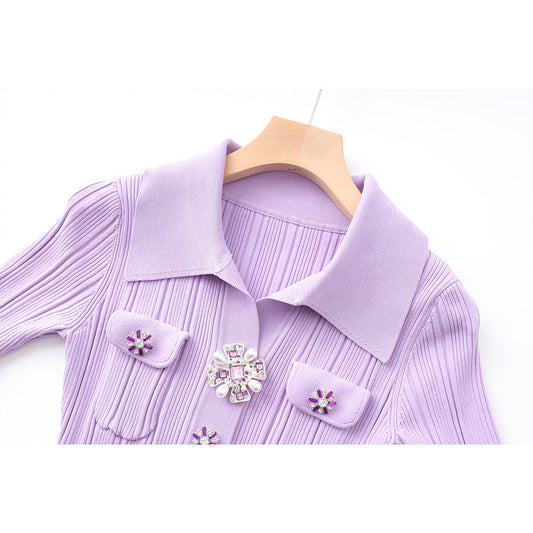 High Quality Purple Collar Drill Buckle Slim Fit Slimming Dresses