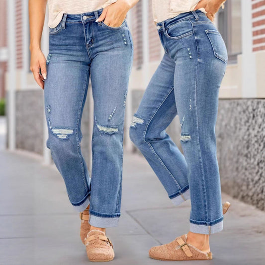 Women's Comfortable Ripped Elastic Straight Denim Trousers Women's Jeans