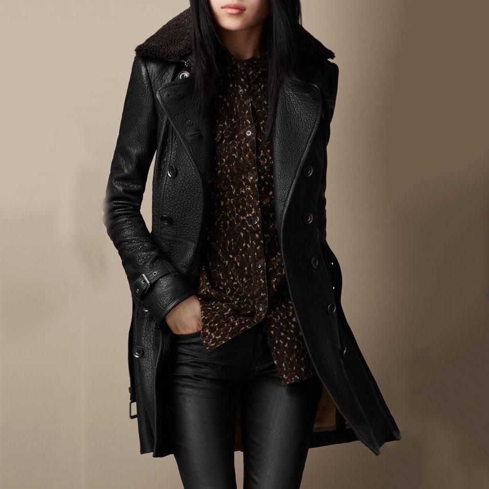 Women's British Fur Collar Leather Mid-length Motorcycle Jackets