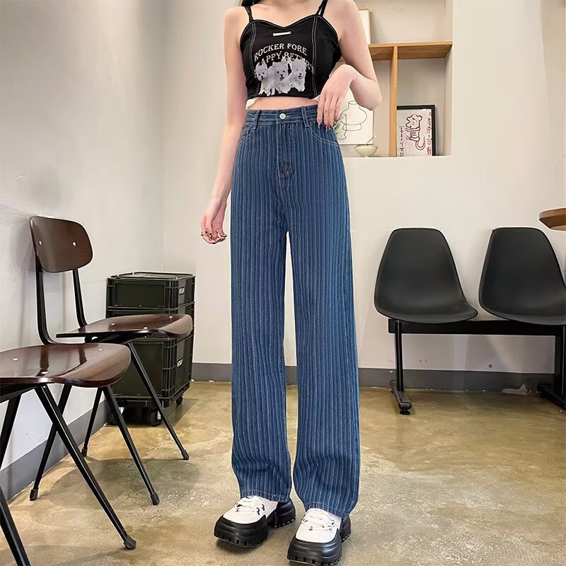Women's Waist Slimming Wide Leg Woven Denim Striped Straight Casual Pants