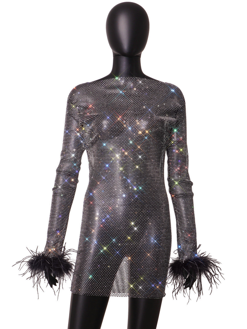 Summer Sexy Rhinestone Mesh Long Sleeve Dresses