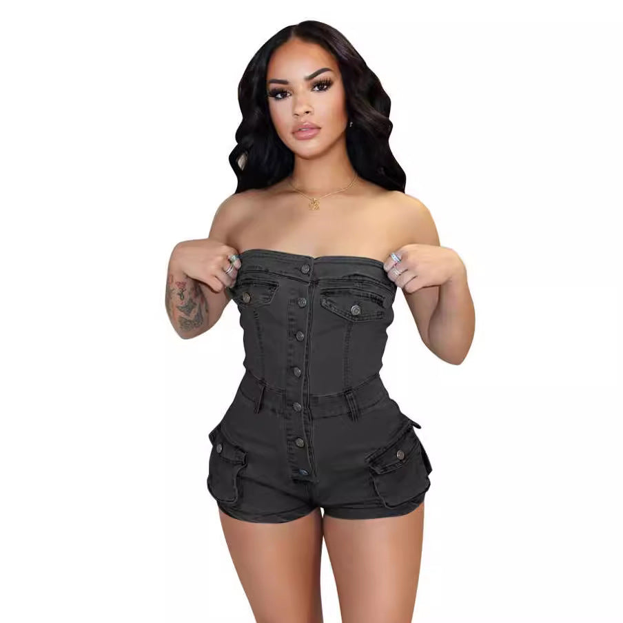 Casual Summer Denim Tube Stretch One-piece Jumpsuits