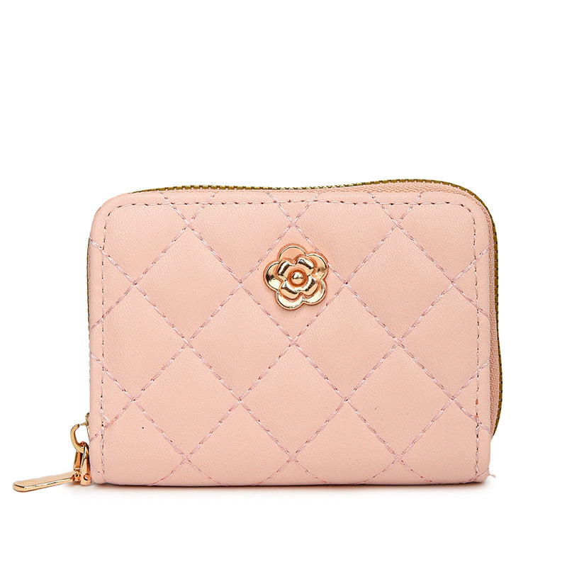 Camellia Rhombus Female Simple Zipper Driving License Card Holder