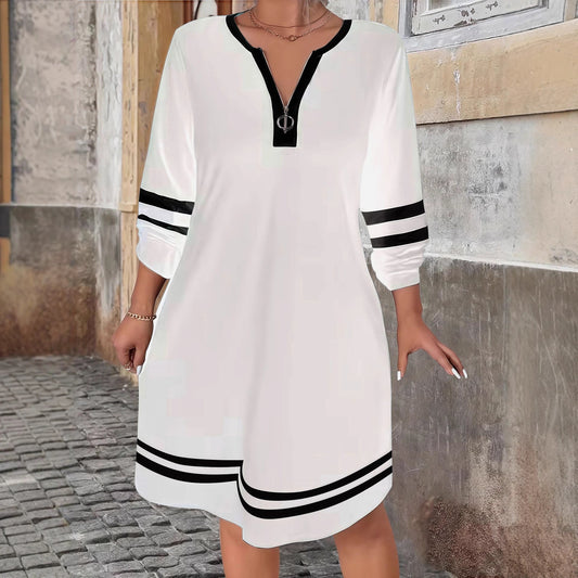 Women's Striped Print Zipped Round Neck Dress