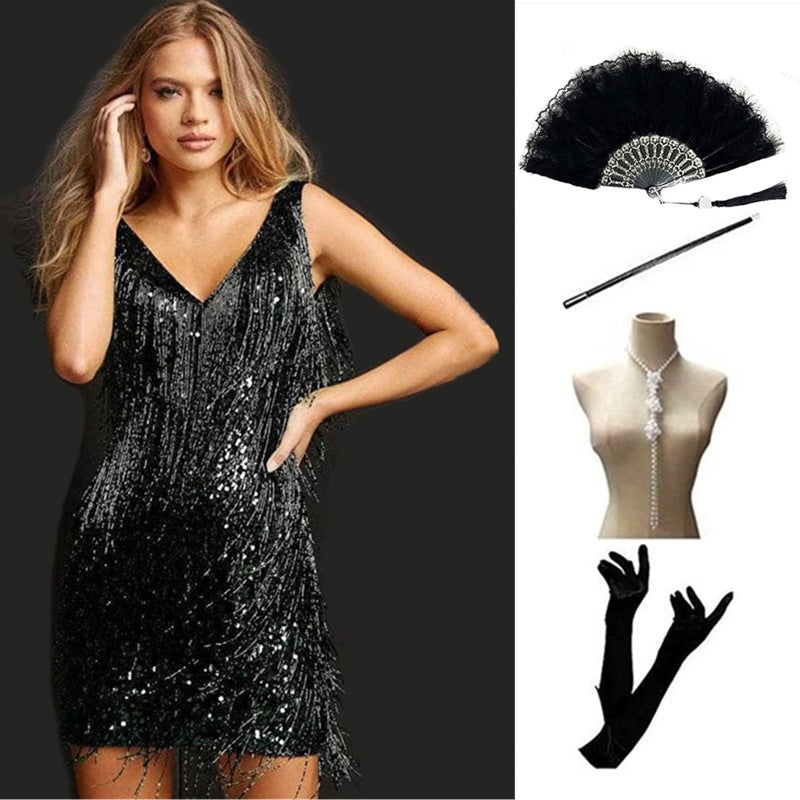 Women's Vintage Sequined Party Dinner Dress Tassel Dresses