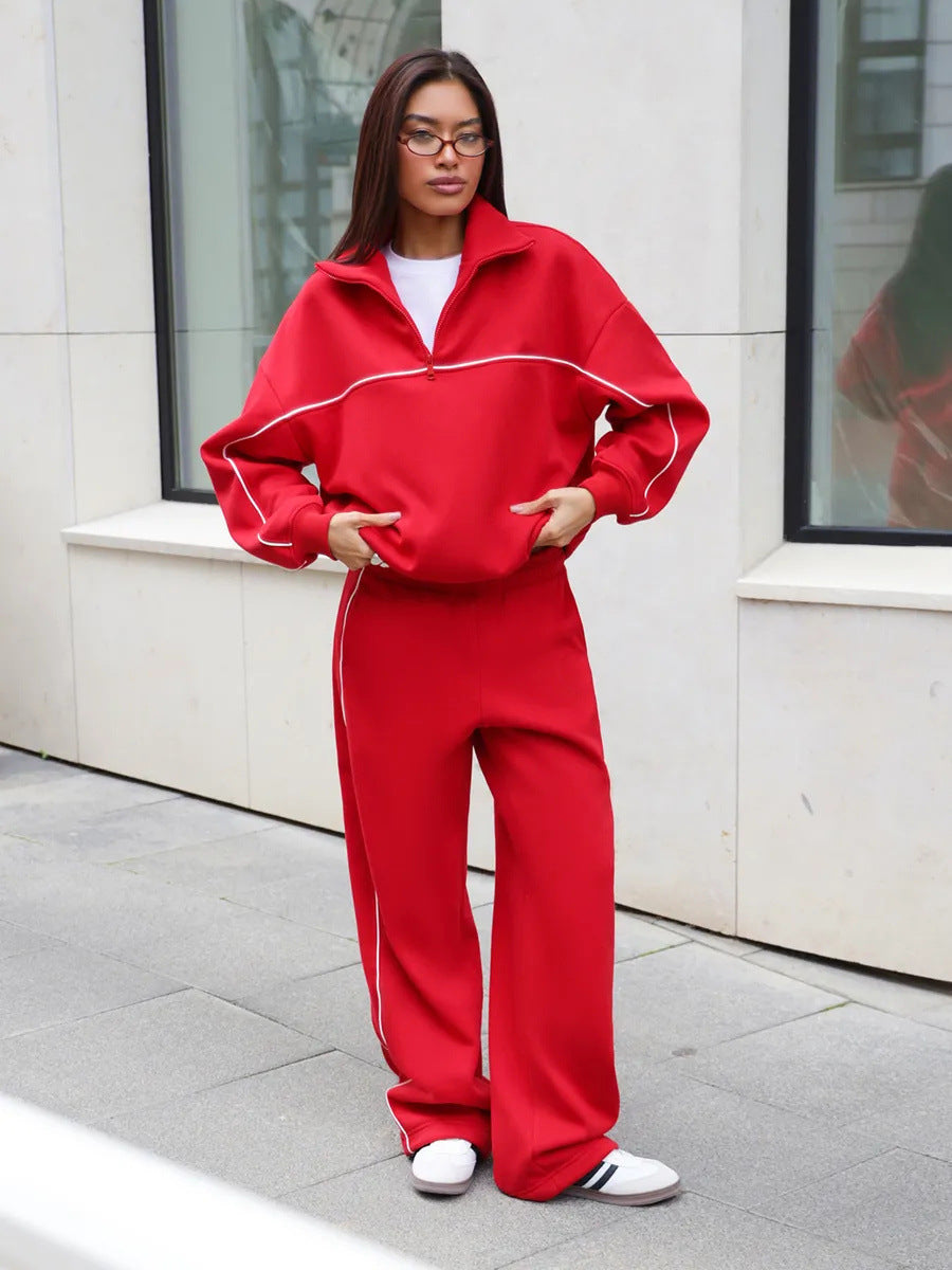 Women's Solid Color Long Sleeve Half Pullover Elastic Trousers Tops