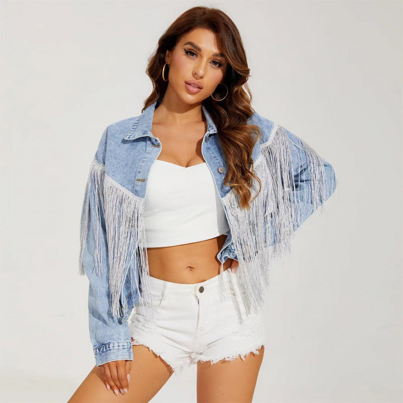 Women's Denim Fashion Tassel Lapel Fried Floral Coats