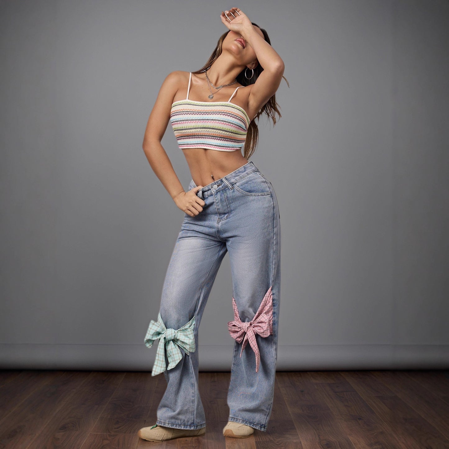 Women's Bow Design High Waist Wide Leg Jeans