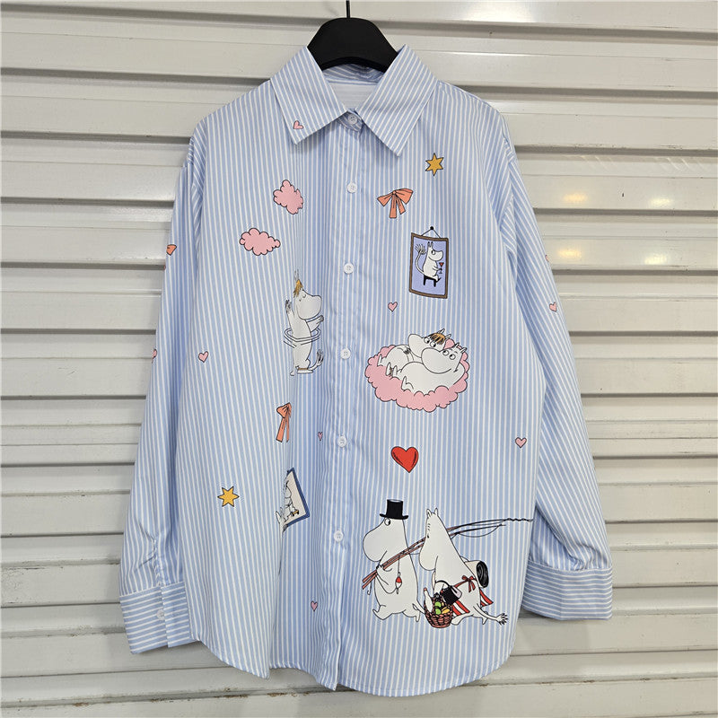 Women's Pink Cute Cartoon Printed Striped Design Shirt Autumn Blouses