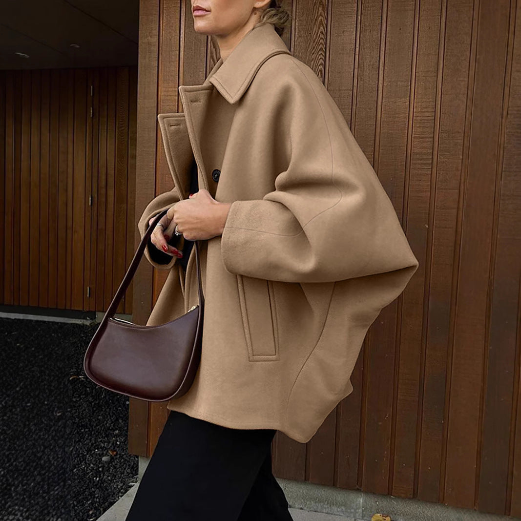 Women's Fashion High-grade Brown Woolen Lapel Batwing Sleeve Clothing