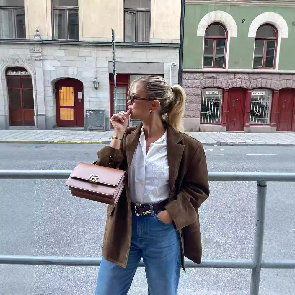 Durable Red Suede Retro Loose Lapels Jackets