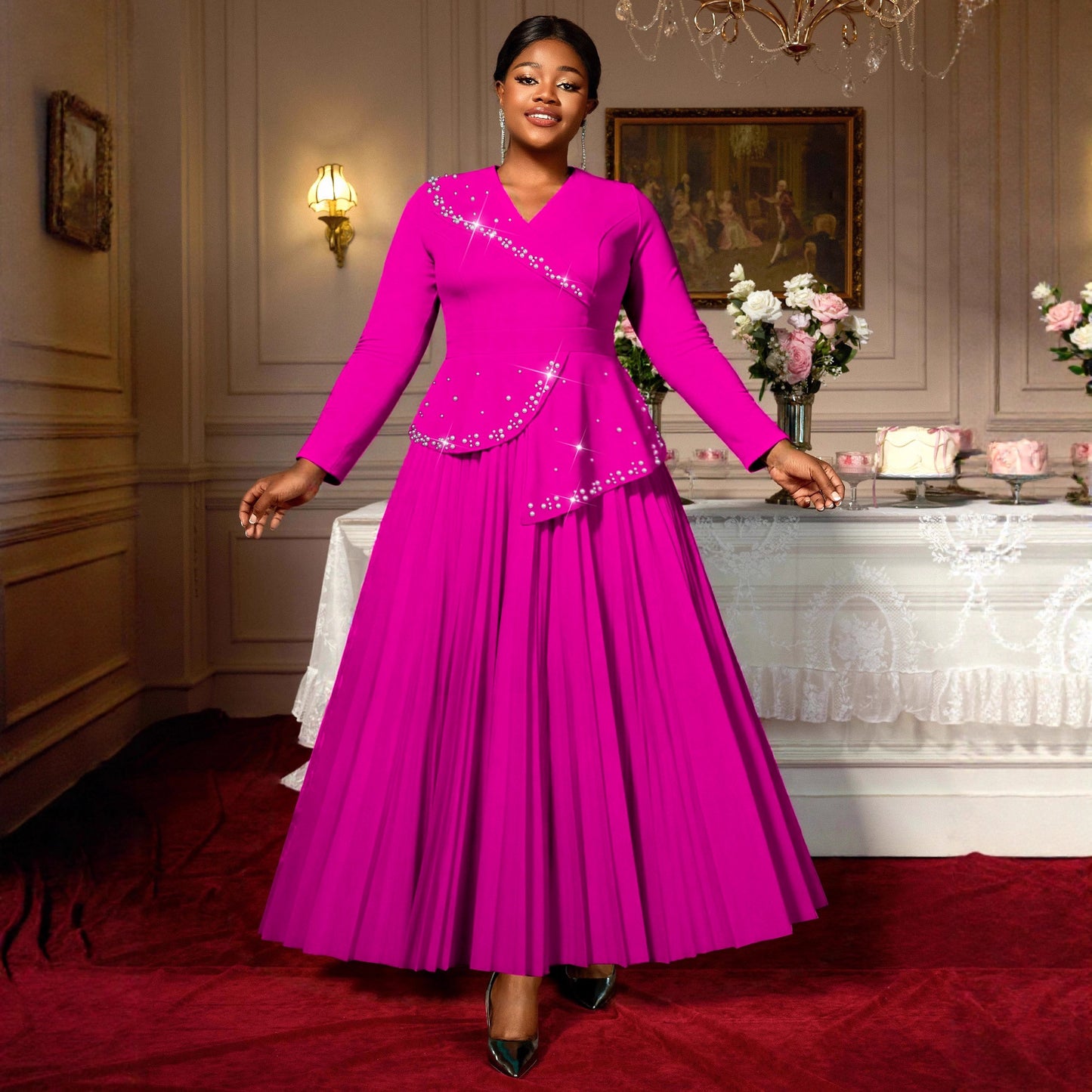 Women's Lapel Rose Red Beaded Pleated Ruffled Dresses
