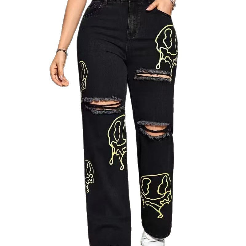 Women's & Men's Style Hip Hop Fashion Embroidered For Minority Straight Women's Jeans
