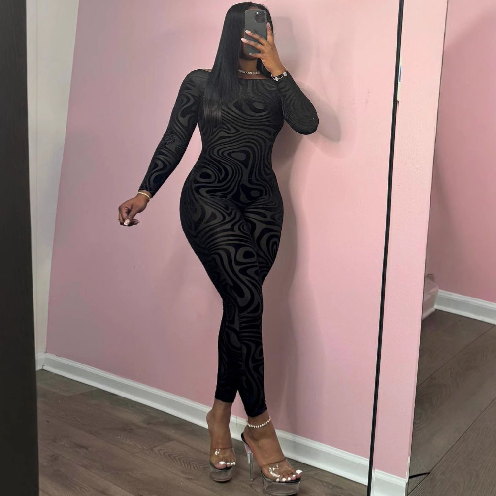 Women's Temperament Printed Sexy Big Backless Tight Women's Jumpsuit/clothing