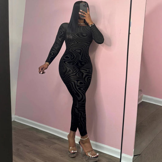 Women's Temperament Printed Sexy Big Backless Tight Women's Jumpsuit/clothing