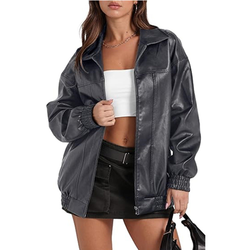 Women's Leather Long Sleeve Lapel Zipper Side Pocket Jackets