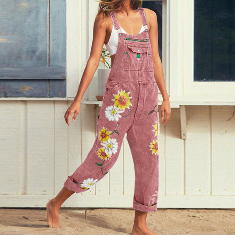 Women's Slouchy Printed Suspenders Denim Suspender Jeans